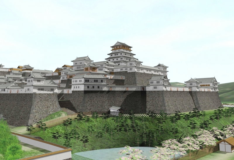 北西側から在りし日の津山城をコンピューターグラフィックで再現
